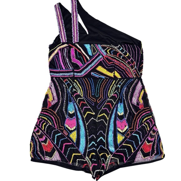 ASOS NEON BEAD EMBELLISHED ART DECO GEOMETRIC ONE SHOULDER PARTY ROMPER JUMPSUIT - Picture 3 of 16